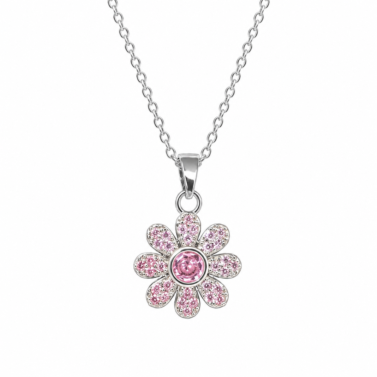 Pink Crystal Daisy Flower Pendant Necklace