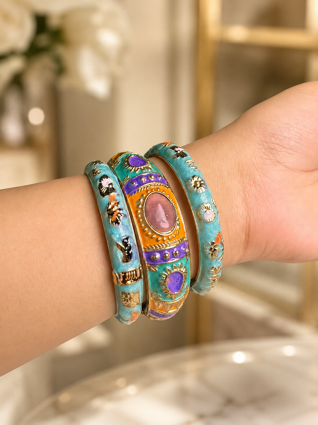 Colorful Enamel Bangles – Turquoise & Gold Statement Set (3 piece)