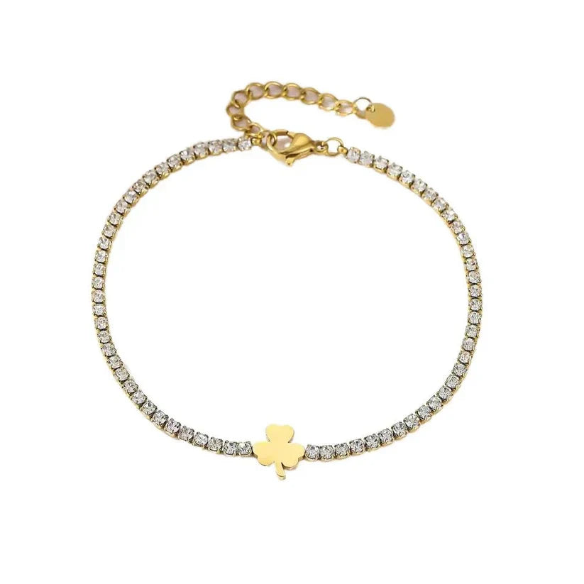 Gold-Tone Crystal Tennis Bracelet with Clover Charm