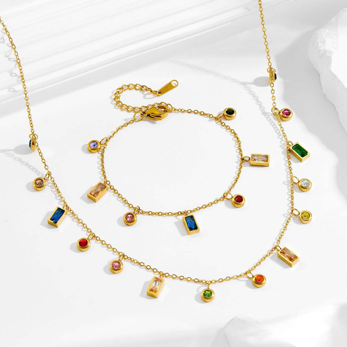 Luxury Colorful Zircon Stainless Steel Necklace + Bracelet