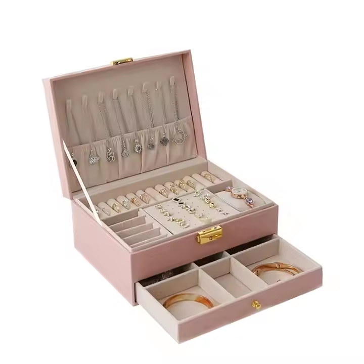 Two-Level Jewelry Organizer Case with Lock and Multiple Compartments