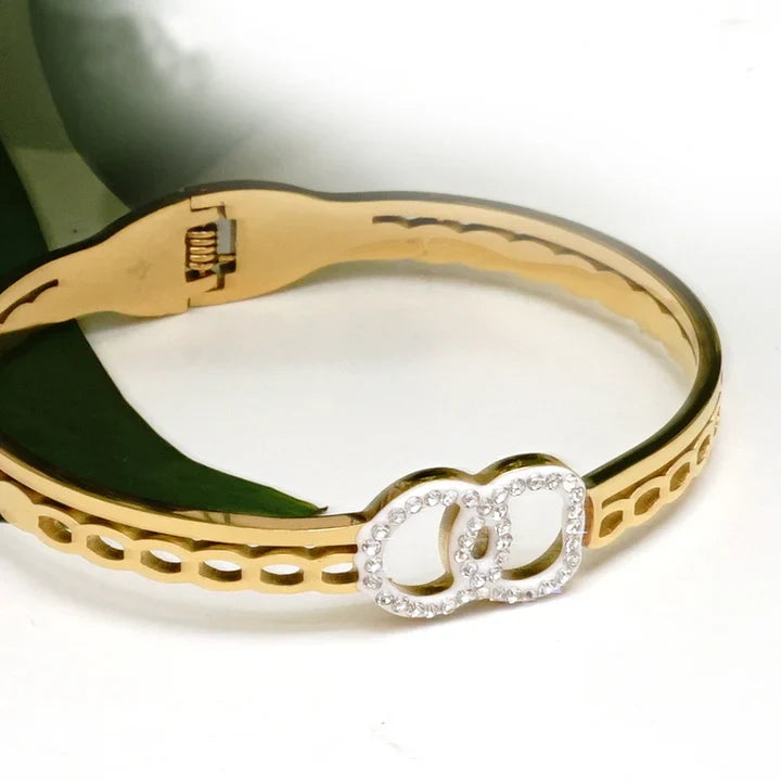 18K gold-plated stainless steel retro double ring full diamond crystal bracelet