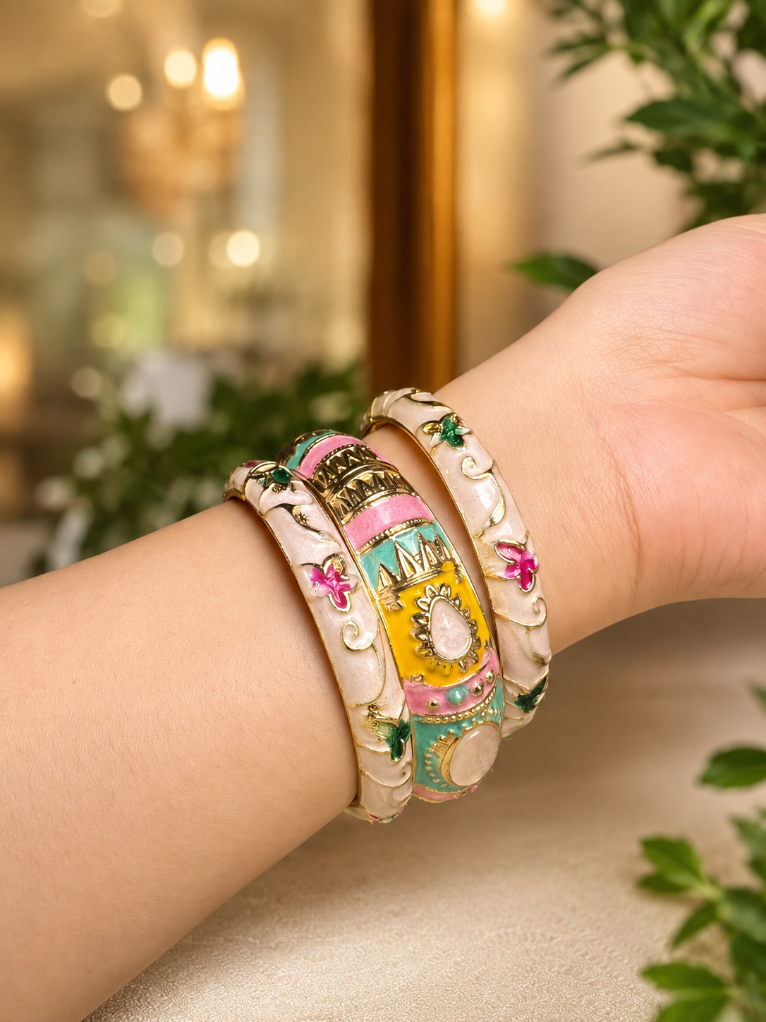 Pastel Enamel Bangles – Pink, Yellow & Turquoise Statement Set (3 piece)