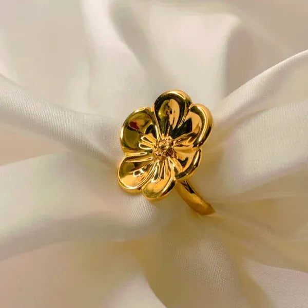Gold Flower Adjustable Ring - Stainless Steel