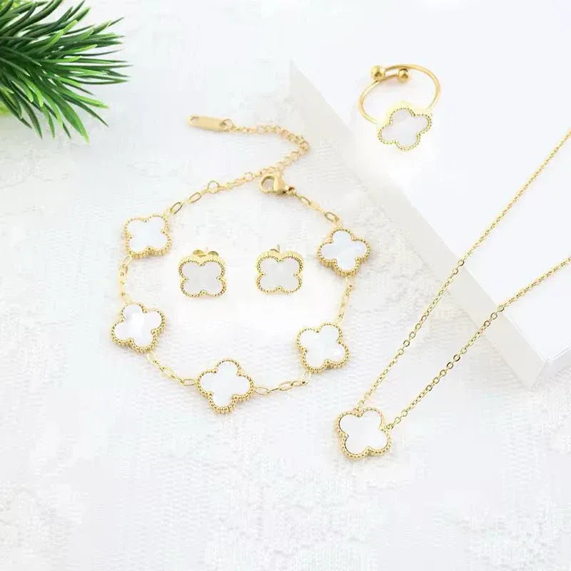 Complete White Set Clover (Chain Bracelet + Necklace + Ring + Tops)