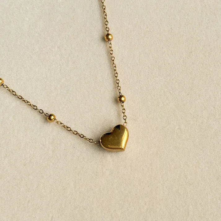 Heart Bead Chain Necklace - Stainless Steel