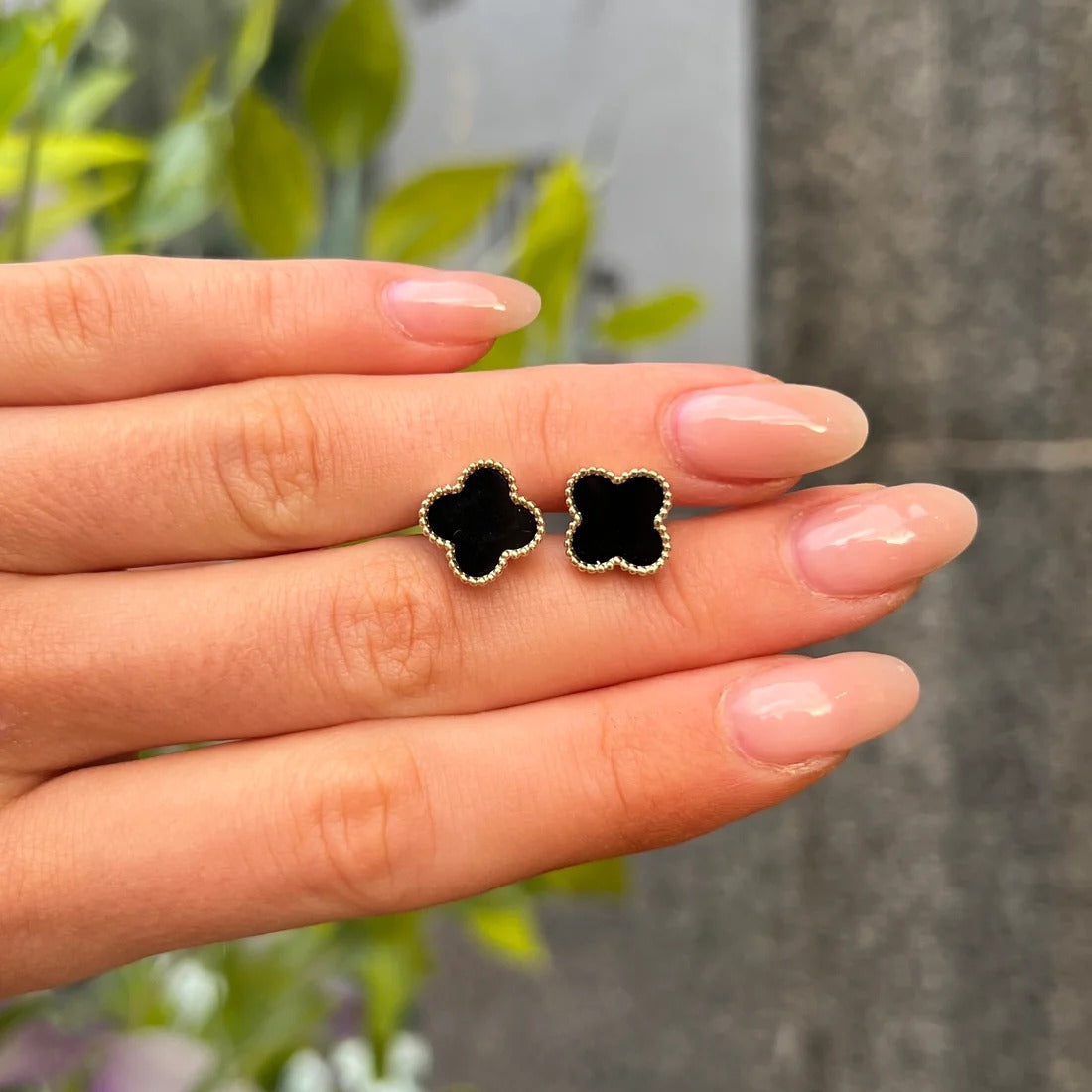 Yellow Gold Black Onyx Clover Stud Earrings