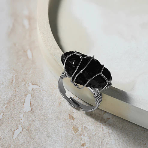 Obsidian - Wire Wrapped Stone Ring Adjustable Ring