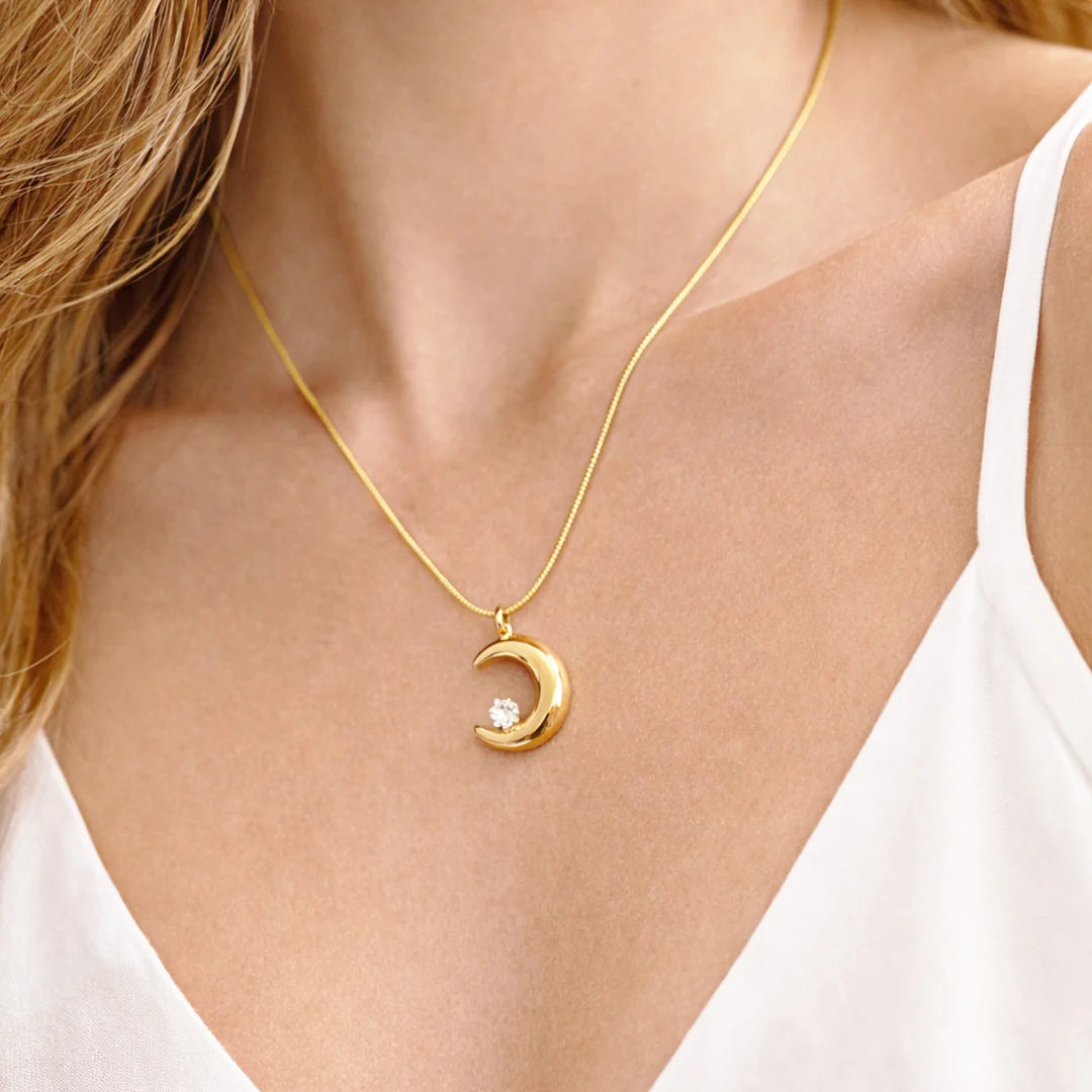 Half Moon & Stone Pendant Necklace | Premium Anti-Tarnish Jewellery